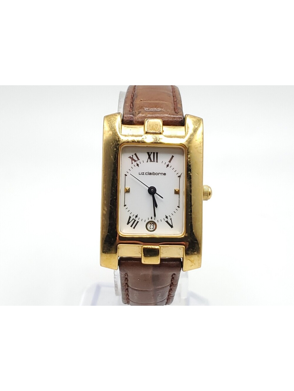 Liz Claiborne Quartz Watch Women New Battery Gold Tone White Date Dial Rectangle